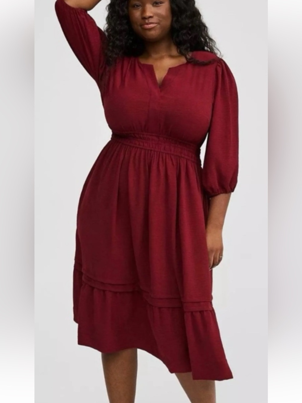 Torrid Burgundy Smocked Waist Midi Dress – Tiered Skirt, 3/4 Sleeves Sz 3/3X